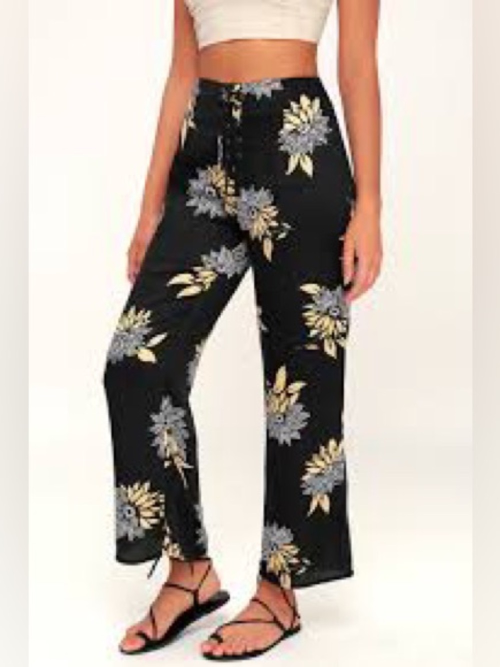 Amuse Society Black Floral Wide-Leg Pants hippie comfy disco pirate